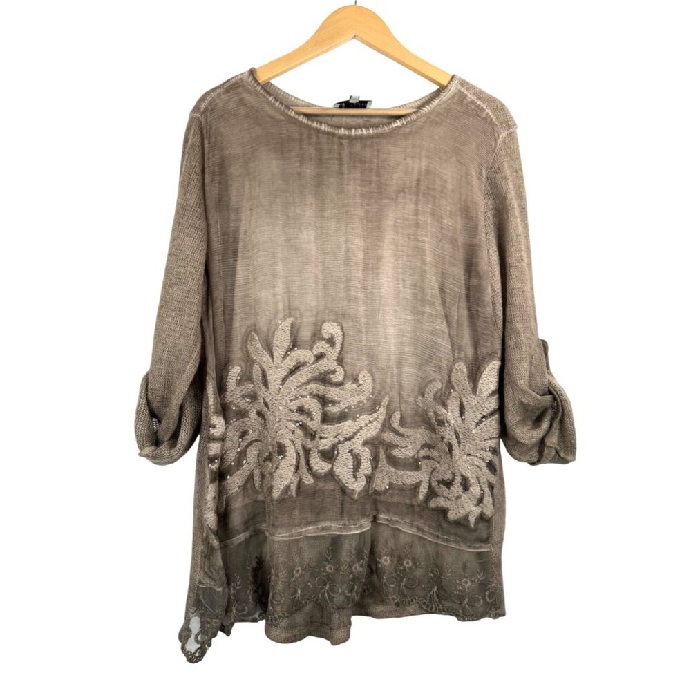 Belle France Tunic crochet lace‎ lagen look tan 90s tiered sz S